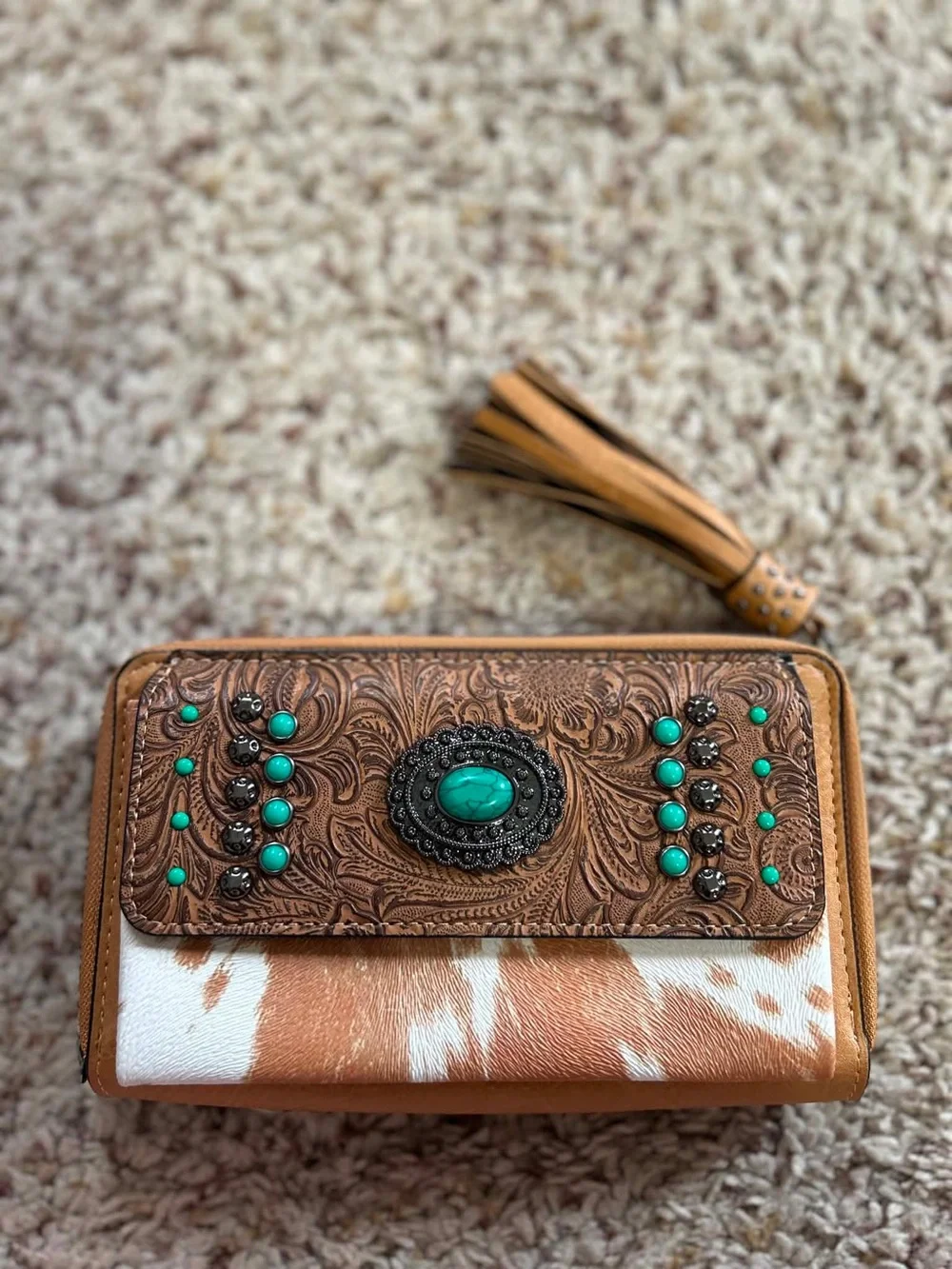Western Turquoise Accent Brown Leather Wallet with Tassel
